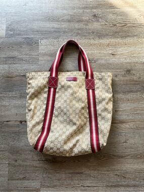 Gucci Beige GG Monogram Canvas Tote with Red Stripe Handles